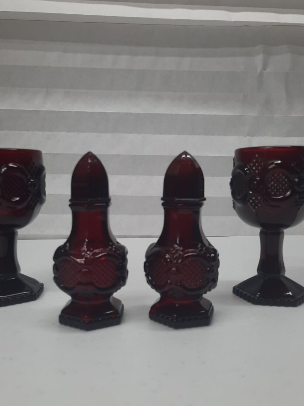 Vintage Avon 1876 Cape Cod Ruby Red Glassware Set Salt & Pepper Shakers & Goblet
